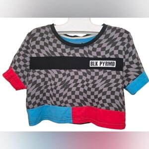 Black Pyramid Checkered Crop Tee - Gray, Black, Red, and Blue
